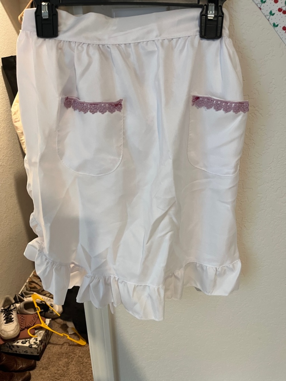 Amazon White Half Apron with Pink Lace Trim